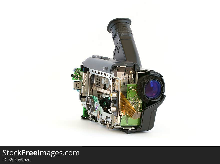 Camcorder with removed protective cover and open the internal mechanism