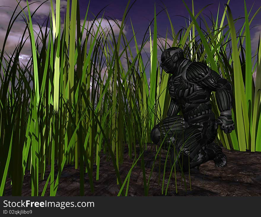 Science fictional character in a strange and hostile world. 3D rendering over background scene