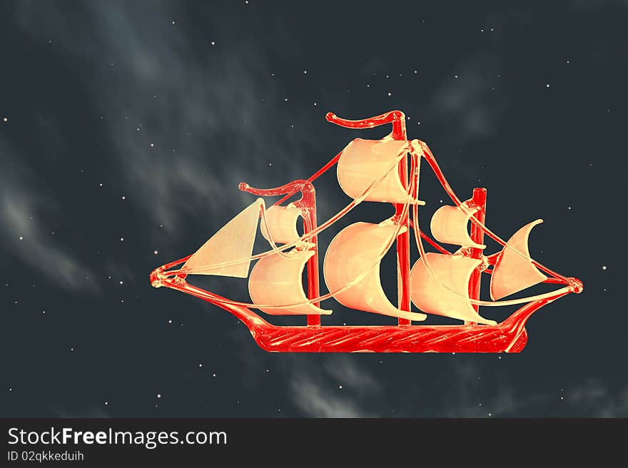 Small Sailing Ship With Big Sails In The Clouds