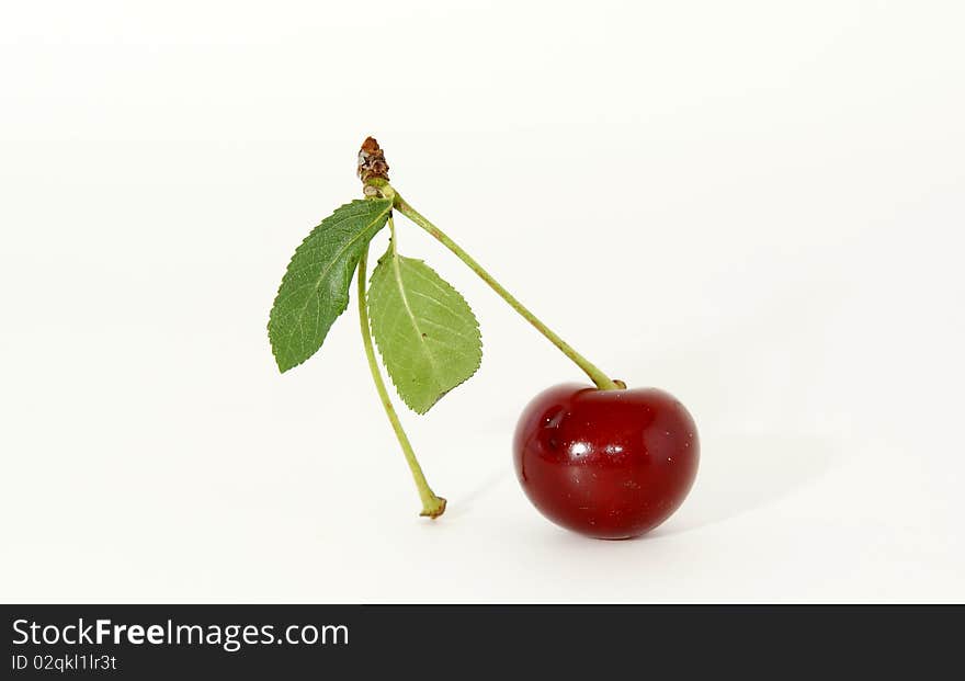 Fresh bright red cherry closeup, isolated on a white background. Fresh bright red cherry closeup, isolated on a white background