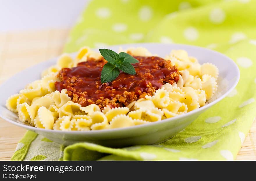 Spaghetti Serve On Plate With Chopped Meats