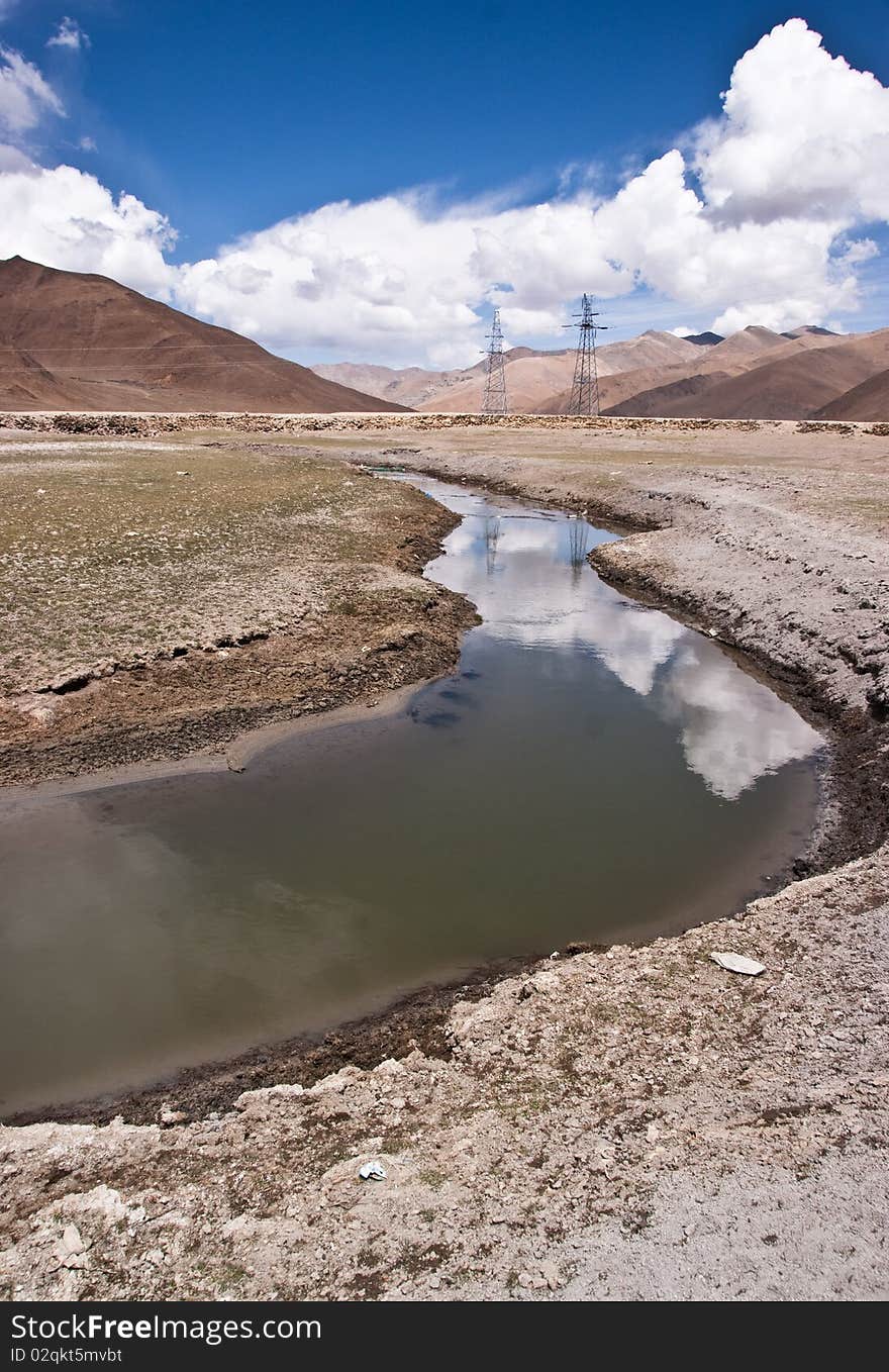 Mountain river with sky and cloud reflection