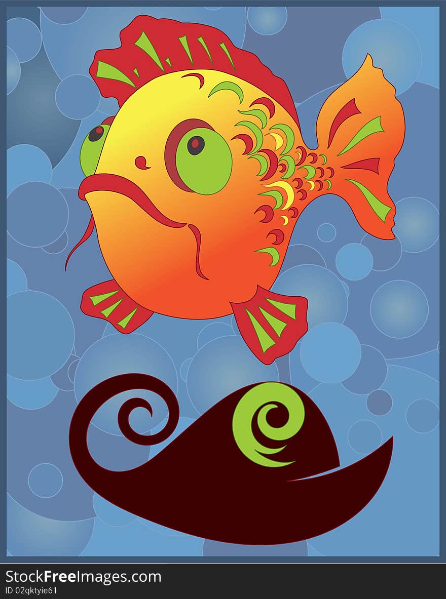 Fish with big eyes underwater and  fish silhouette  on bubbles background. Fish with big eyes underwater and  fish silhouette  on bubbles background