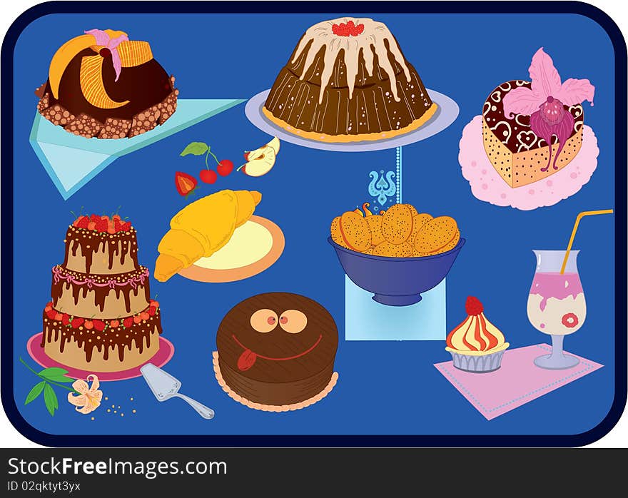 Icon set of fancy cakes , croissant, cookies and dessert