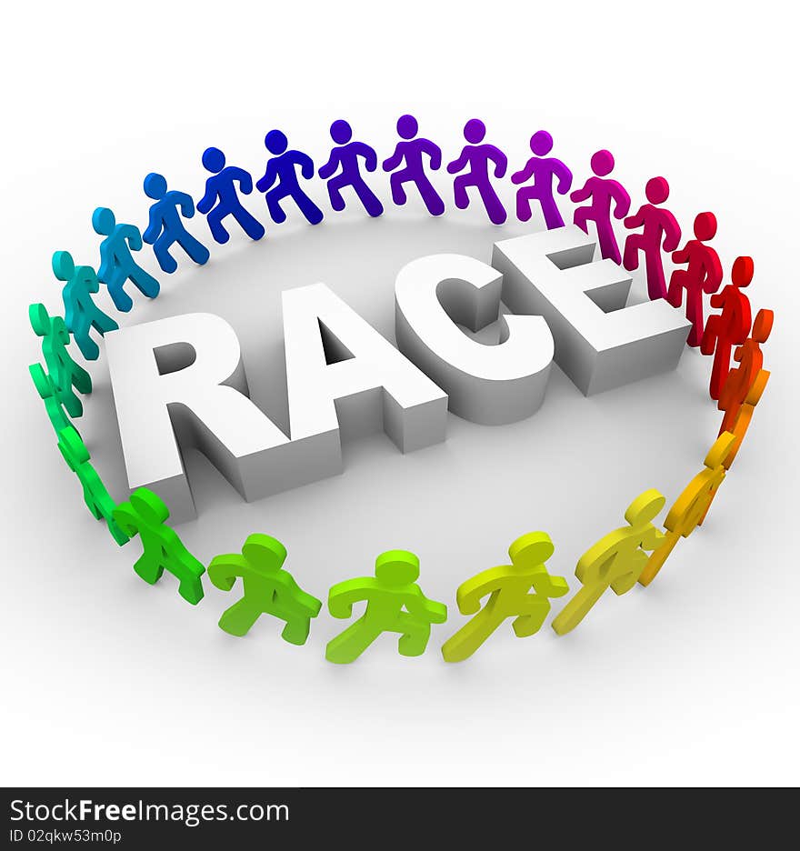 Many runners of different colors run around the word Race. Many runners of different colors run around the word Race