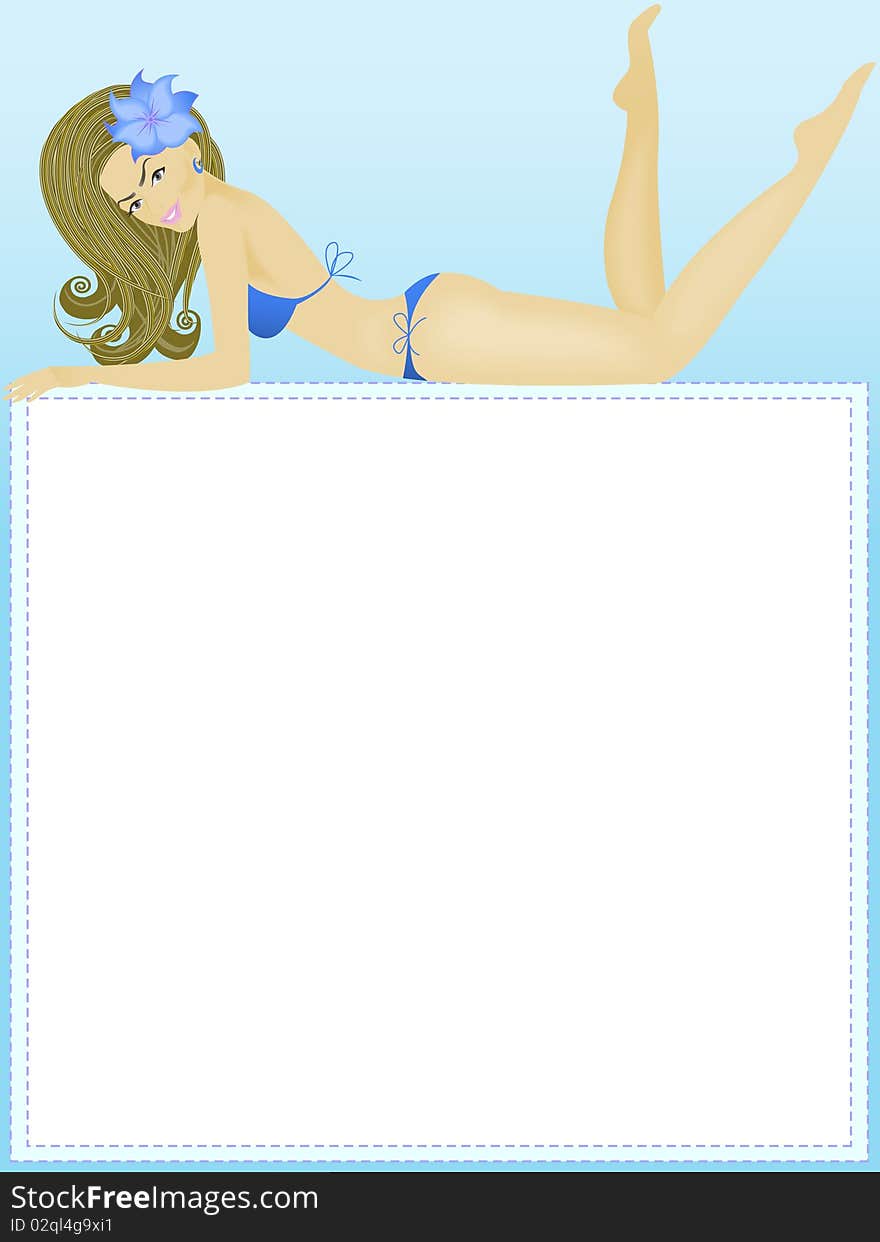 Beautiful girl in a blue swimsuit on a white rectangle for the text. Beautiful girl in a blue swimsuit on a white rectangle for the text
