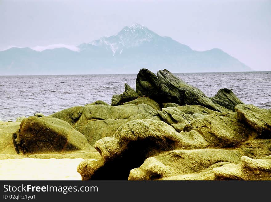 Halkidiki, Greece with mount Athos on background. Halkidiki, Greece with mount Athos on background