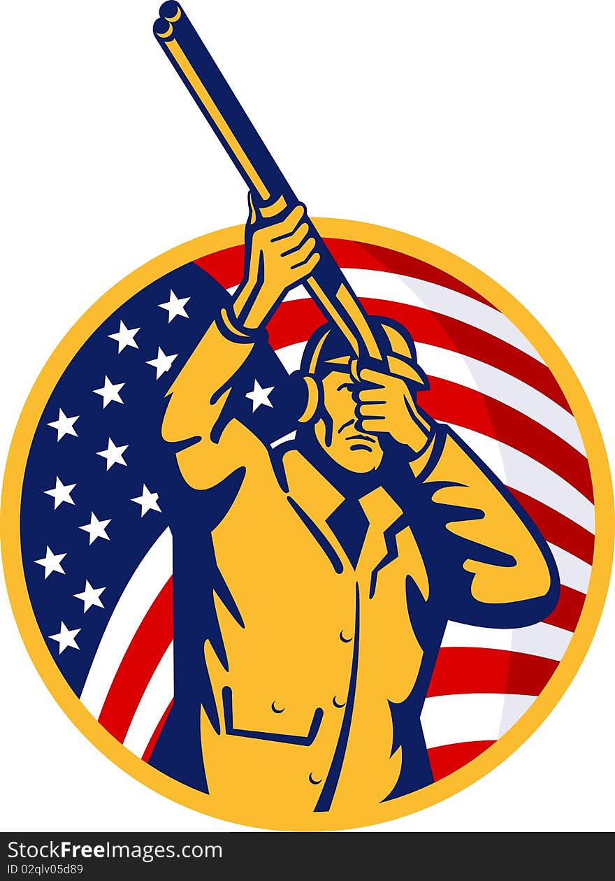 Illustration of a Hunter with shotgun  rifle and stars and stripes flag in background. Illustration of a Hunter with shotgun  rifle and stars and stripes flag in background