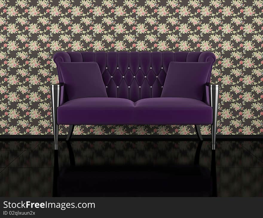 Classic violet sofa indoor, floral wall, black glossy floor, 3d render/illustration