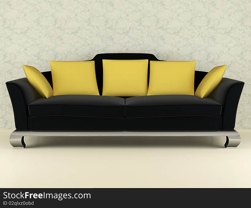 Modern black sofa with yellow pillows indoor, 3d render/illustration. Modern black sofa with yellow pillows indoor, 3d render/illustration