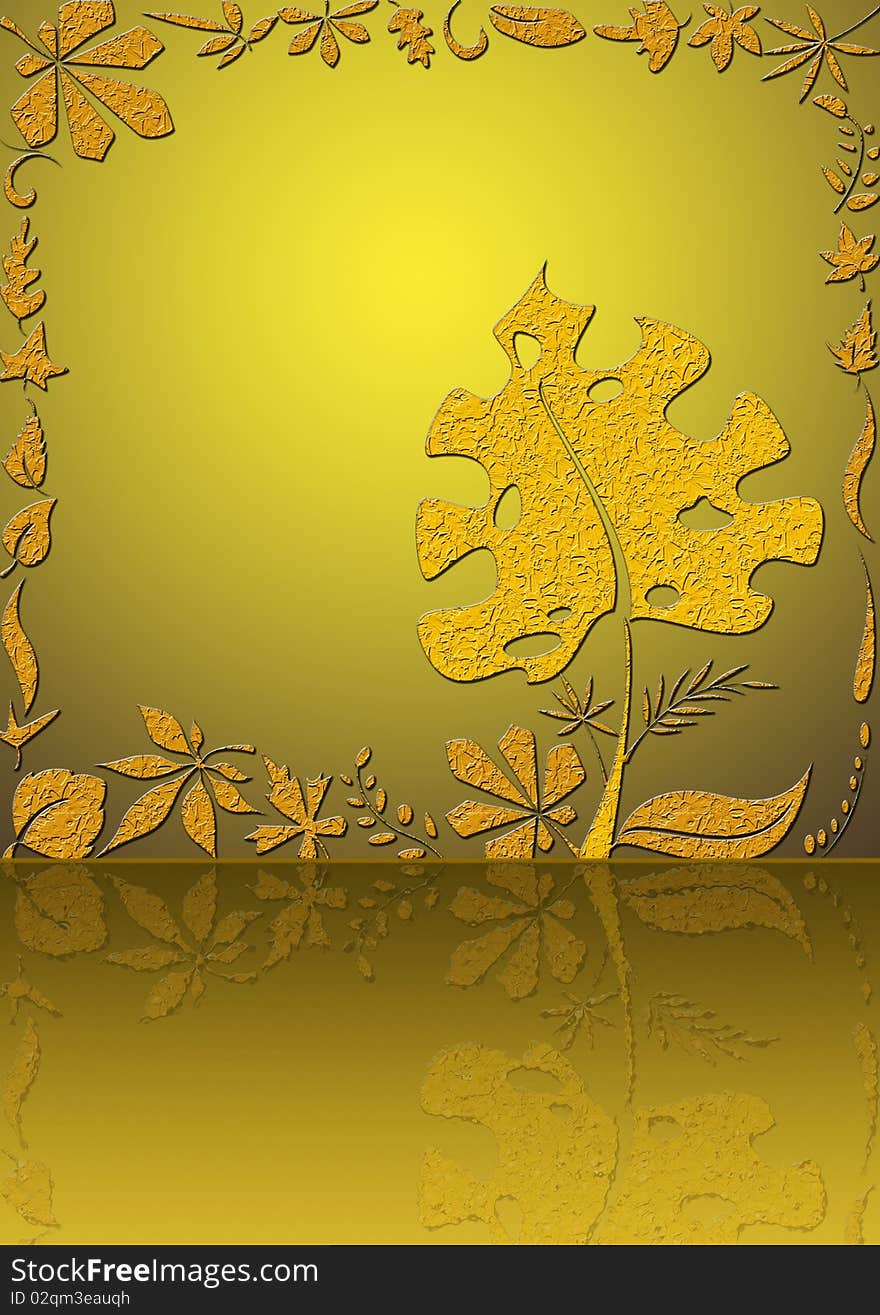 Autumn scene with leaves on yellow brown background