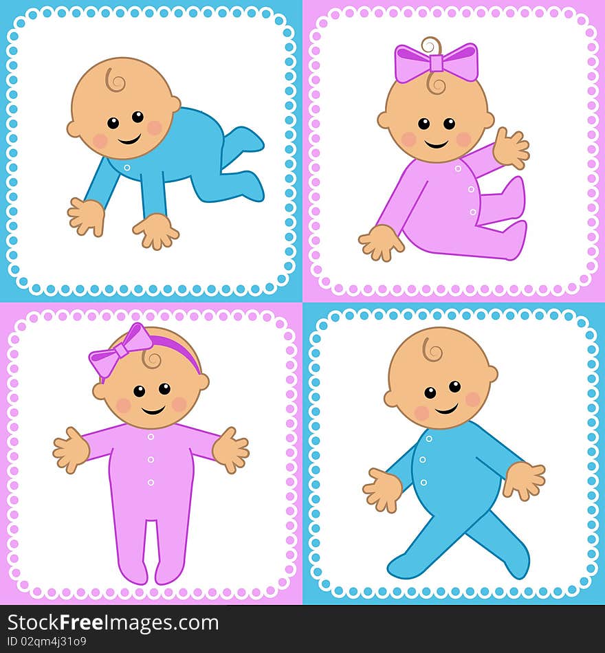 Set of icons with the images of the little children isolated on the white in blue and pink frames.  Stages of development of the child are represented on icons.
The boy creeps, the girl sits, the girl costs, the boy goes. The different graphics  of the  image are all on separate layers so they can easily be moved or edited individually. Set of icons with the images of the little children isolated on the white in blue and pink frames.  Stages of development of the child are represented on icons.
The boy creeps, the girl sits, the girl costs, the boy goes. The different graphics  of the  image are all on separate layers so they can easily be moved or edited individually.