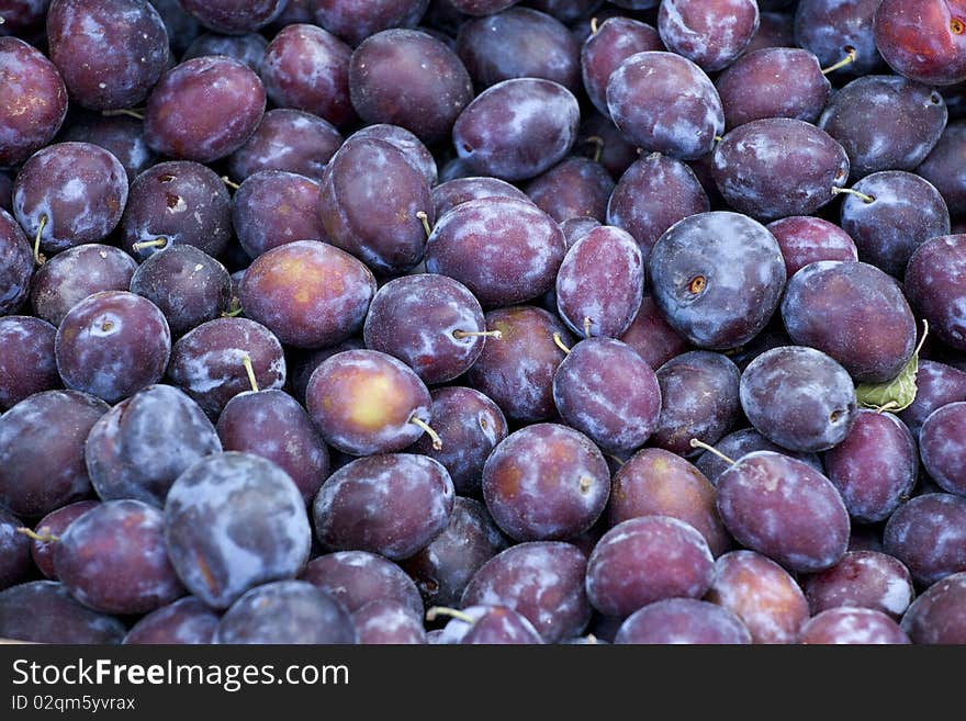 Group of fresh violet plums on the market. Group of fresh violet plums on the market