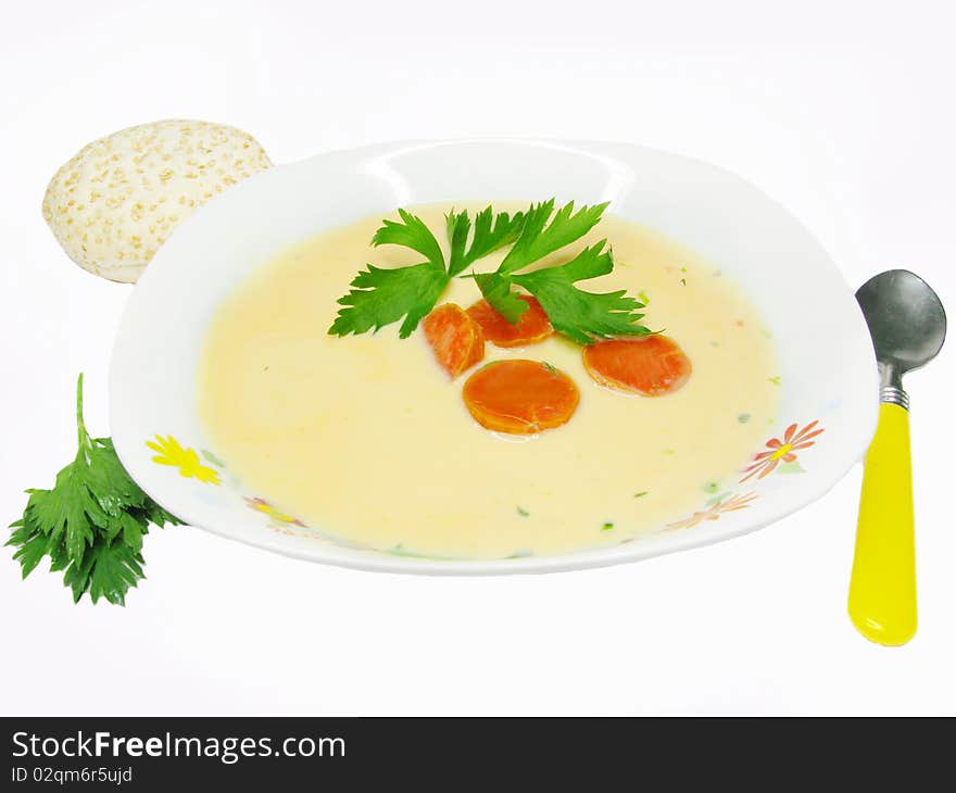 Soup squash with carrot celery and bread. Soup squash with carrot celery and bread