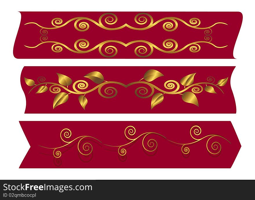 Red banners with golden floral swirls. Vector illustration. Red banners with golden floral swirls. Vector illustration.