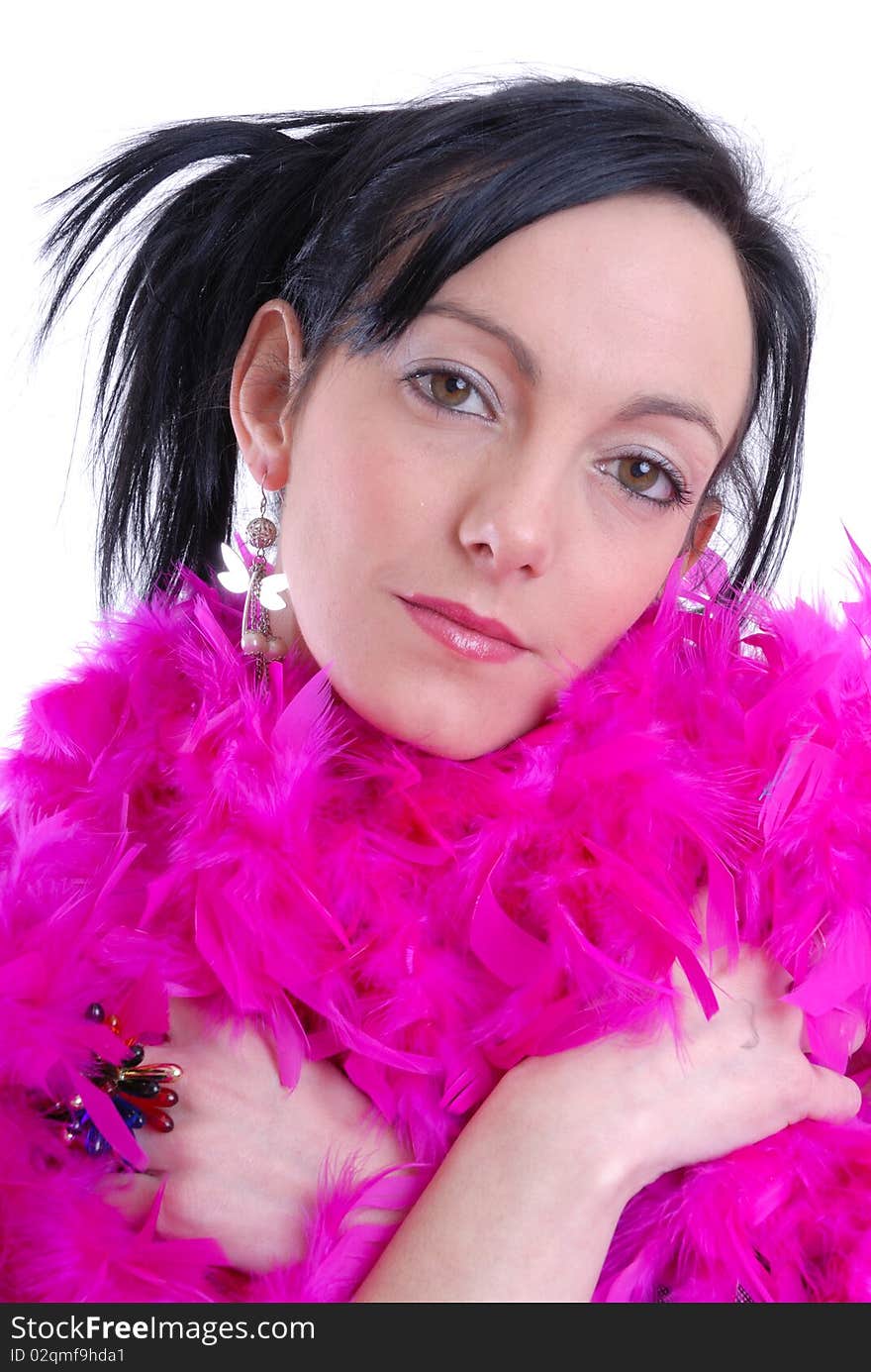 Photograph of casual young woman isolated with pink feather boa. Photograph of casual young woman isolated with pink feather boa