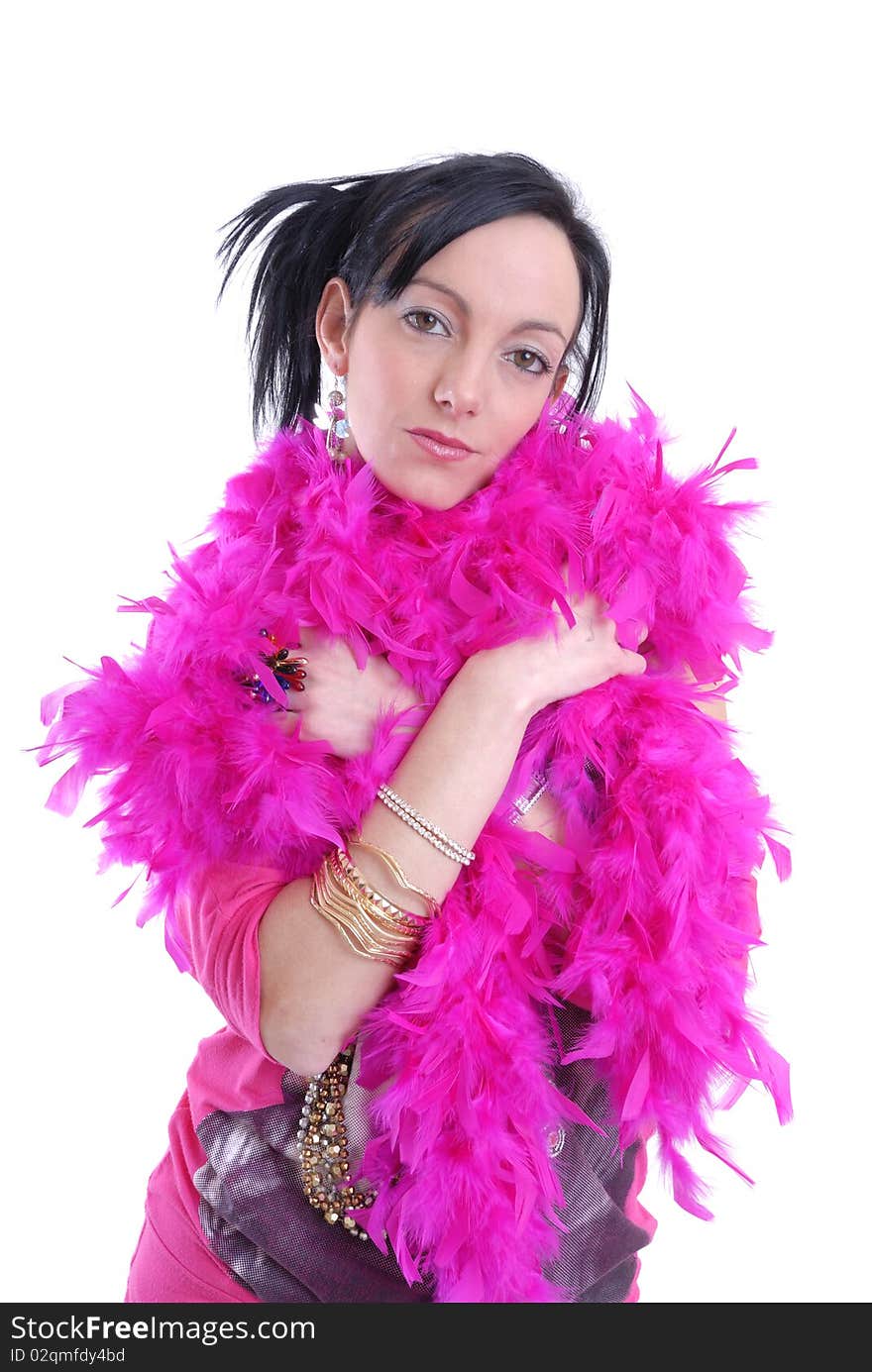 Photograph of sexy casual young woman isolated with pink feather boa. Photograph of sexy casual young woman isolated with pink feather boa