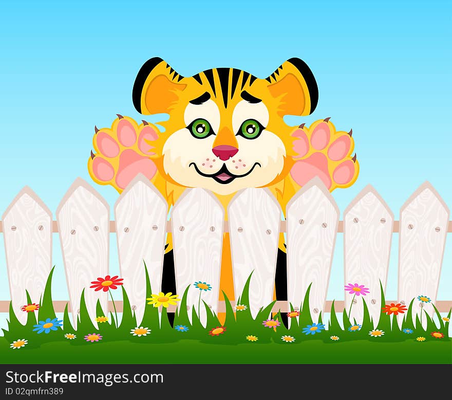 Cartoon smiling tiger after a fence