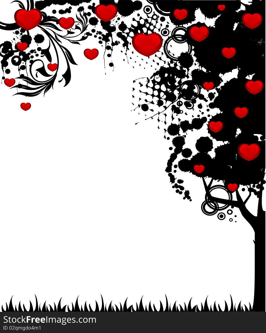 Abstract tree with red hearts. Nature decoration.