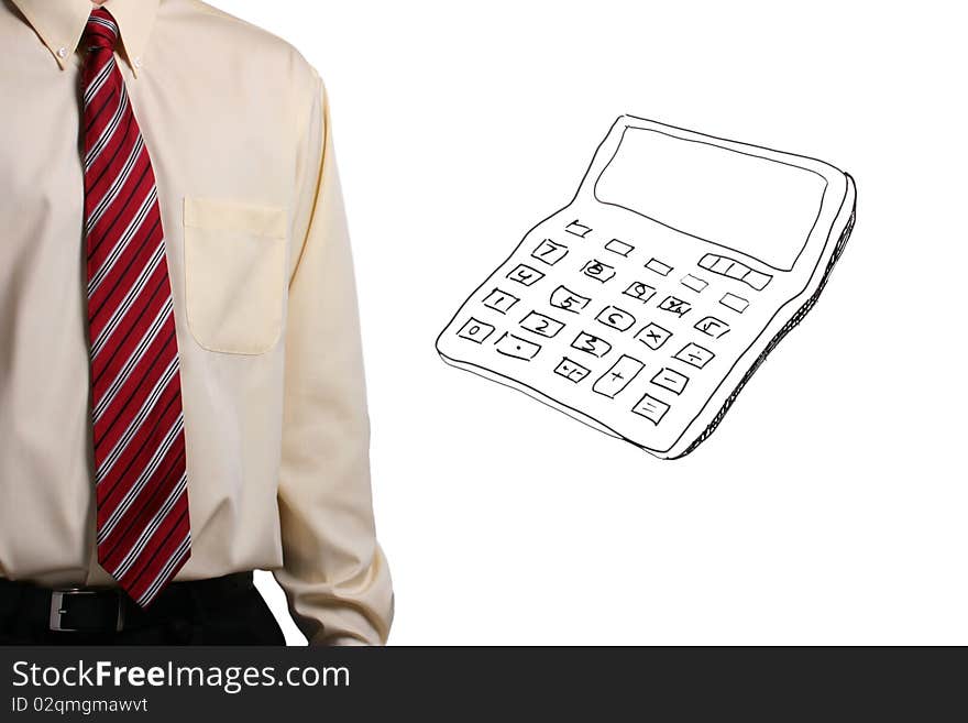 Man in a shirt and a tie standing next to a drawing of a calculator. Add your text to the calculator. Man in a shirt and a tie standing next to a drawing of a calculator. Add your text to the calculator.