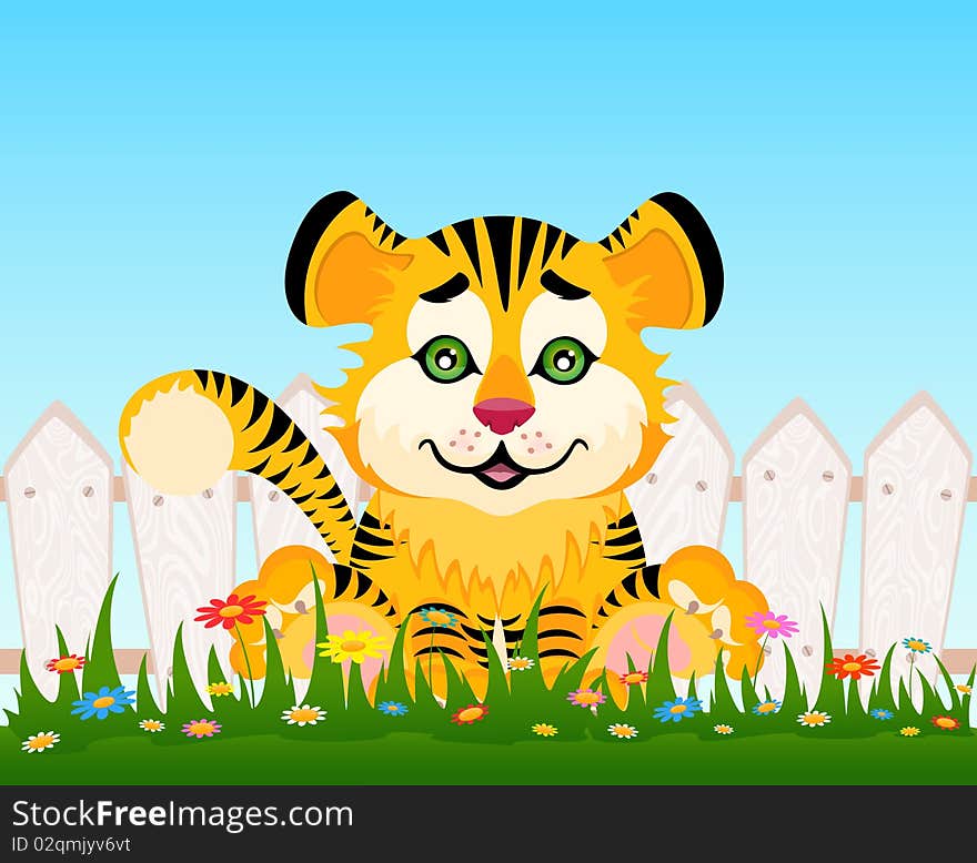 Cartoon smiling tiger after a fence for a design