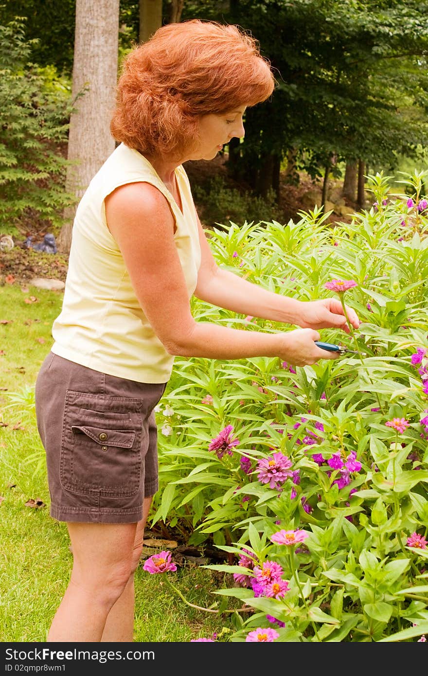 Woman enjoying working in her garden. Woman enjoying working in her garden