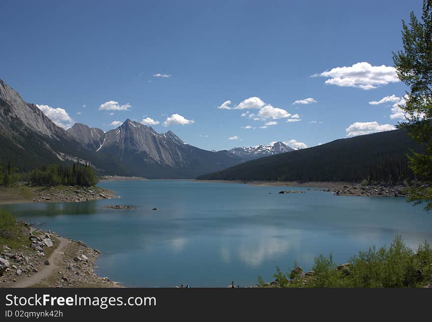 Maligne lake, summer view of Canadian Rockies, Jasper National Park, Alberta