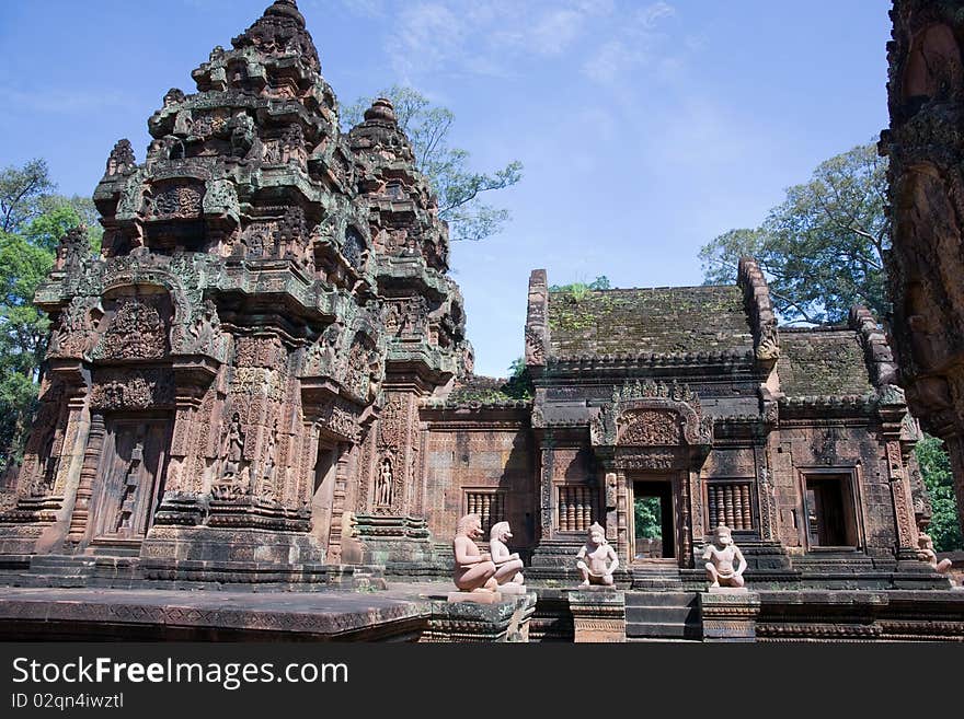 Karma sutra figures and ruins structure in the Banteay Srey temple cambodia. Karma sutra figures and ruins structure in the Banteay Srey temple cambodia