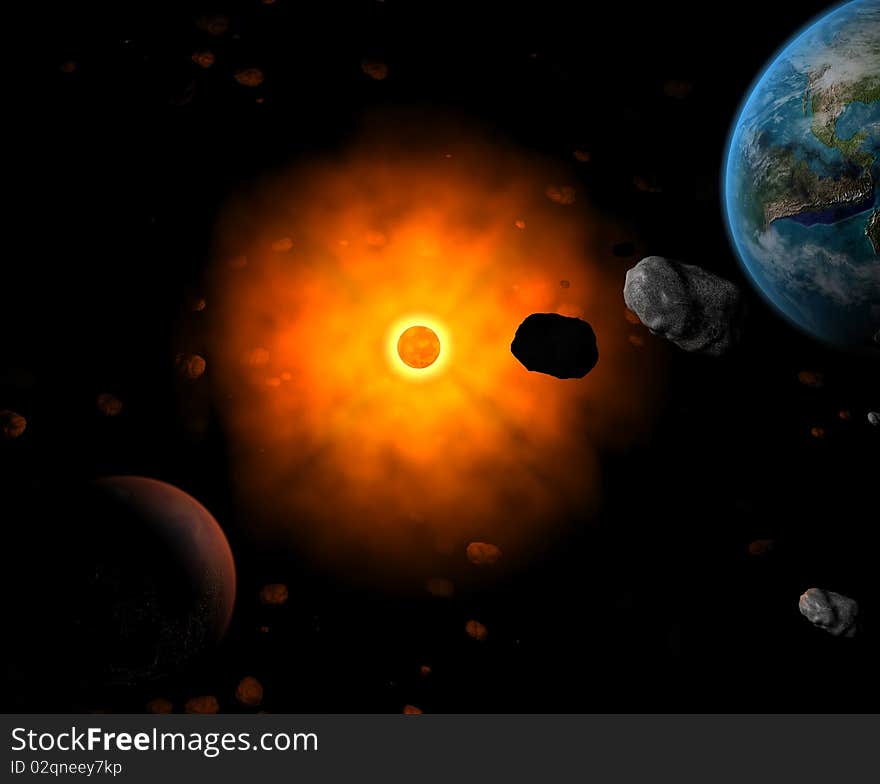 Red sun with asteroid field with planet as Earth in hell system. Red sun with asteroid field with planet as Earth in hell system