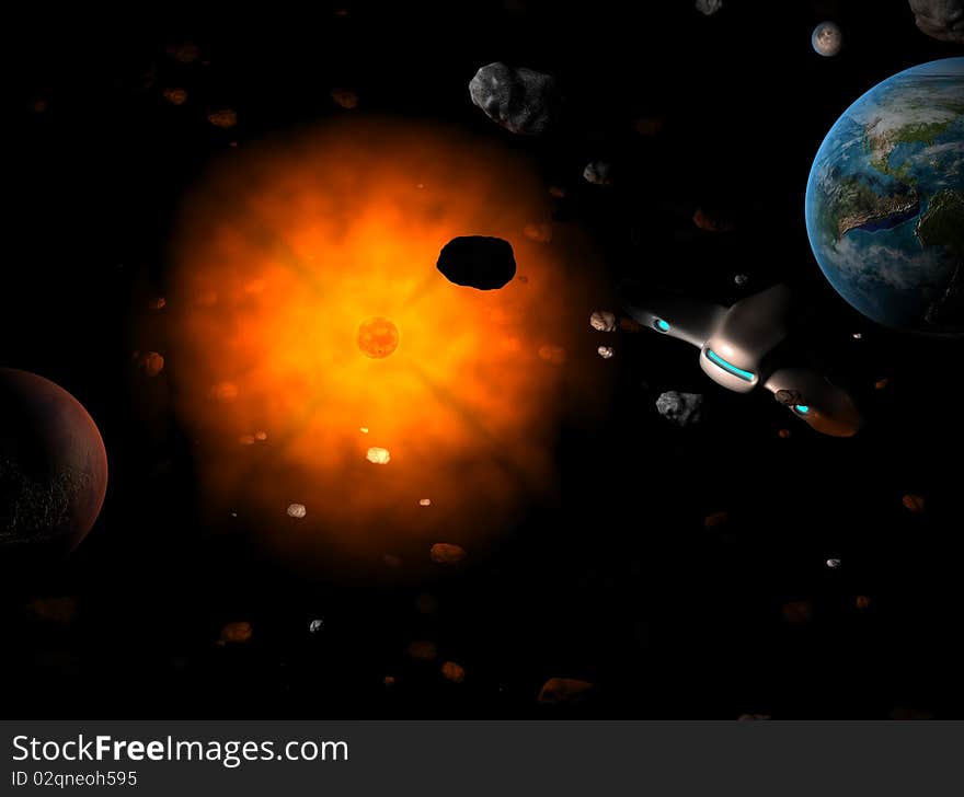 Red sun with asteroid field with planet as Earth in hell system. Red sun with asteroid field with planet as Earth in hell system