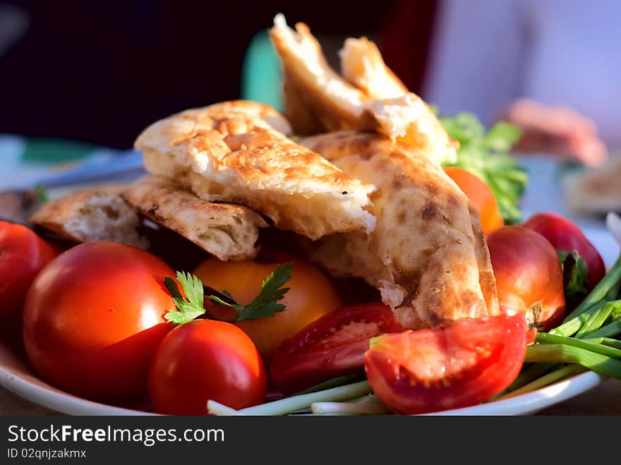 Spring snack - tomato, pita and greens - special for Shish kebab