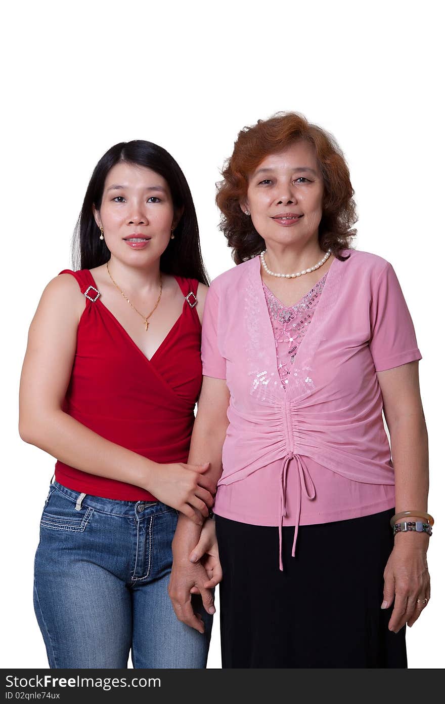 Asian Mom and Daughter holding hands on white background