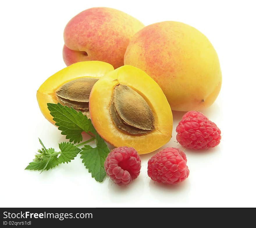 Apricots with berries and a mint branch