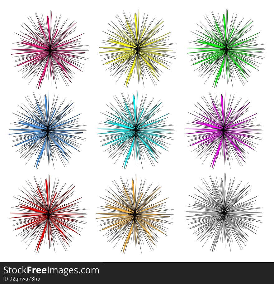 A set of spikes like sea urchins in different colours isolated on white background. A set of spikes like sea urchins in different colours isolated on white background