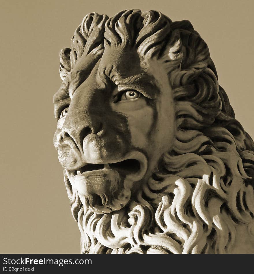 Lion head, detail of antique sculpture from Boboli Gardens in Florence. Lion head, detail of antique sculpture from Boboli Gardens in Florence