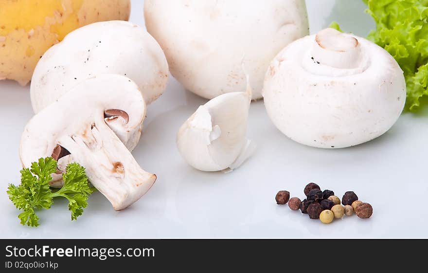 Macro pic of champignons with garlic and black pepper. Macro pic of champignons with garlic and black pepper