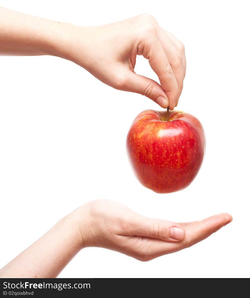 Juicy red apple in graceful woman's hand. Juicy red apple in graceful woman's hand