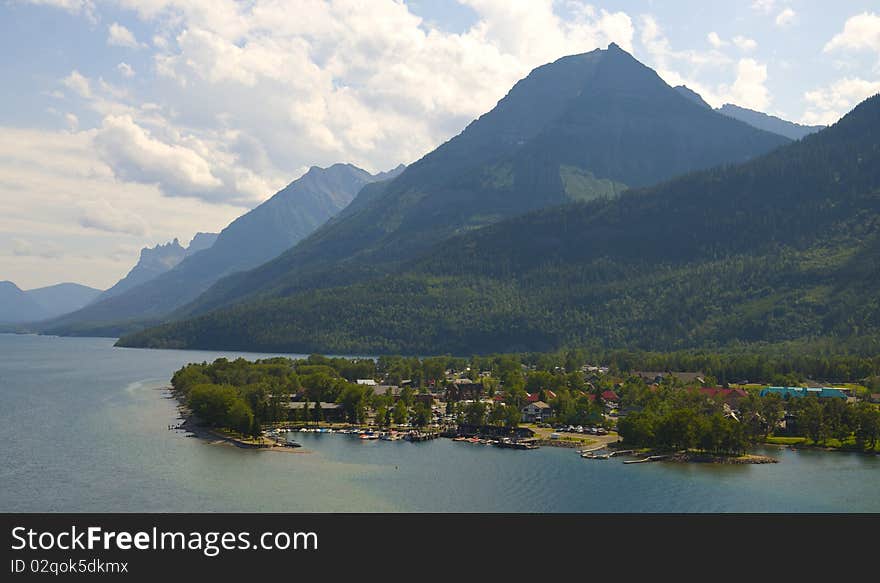 Bird's eye view of waterton village, and lake in the Waterton lakes National Park, Alberta, Canada. Bird's eye view of waterton village, and lake in the Waterton lakes National Park, Alberta, Canada