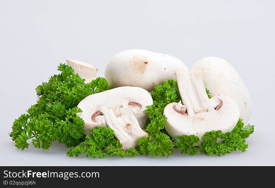 Mushroom half on fresh green parsley. Mushroom half on fresh green parsley