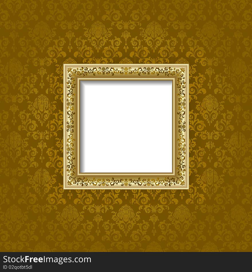 Gold frame on the  wall with brown wallpaper