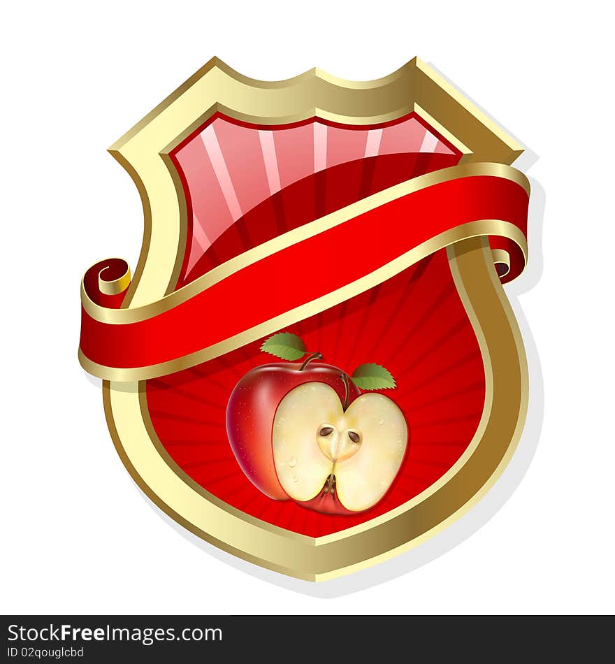 Gold-framed label with apple and red ribbon. Gold-framed label with apple and red ribbon