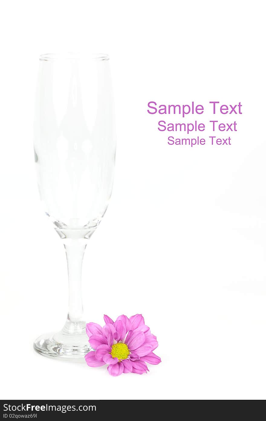 Sparkling wine glass empty on a white table with blossom.