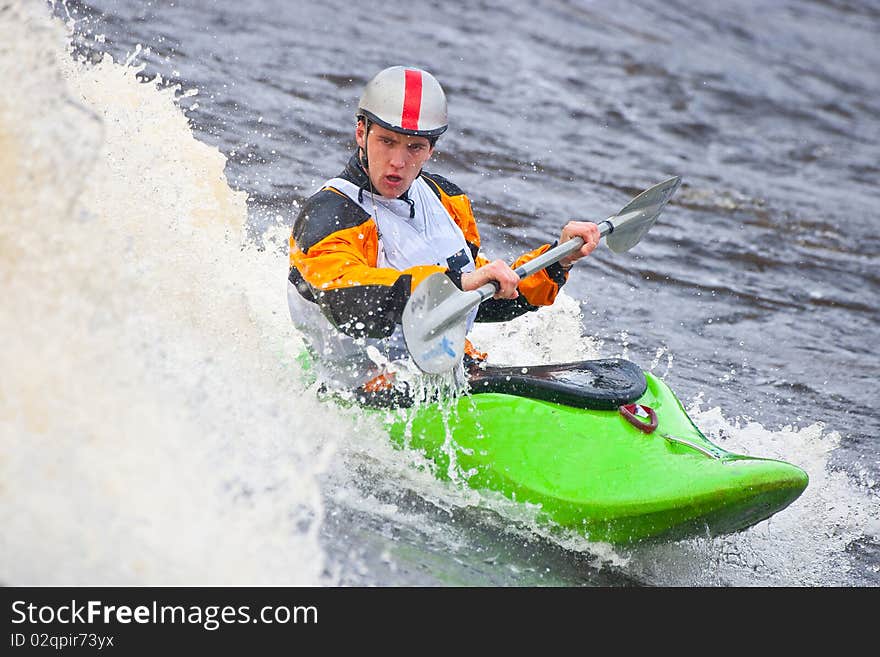 Kayak freestyle on whitewater, Russia, Msta, may 2010