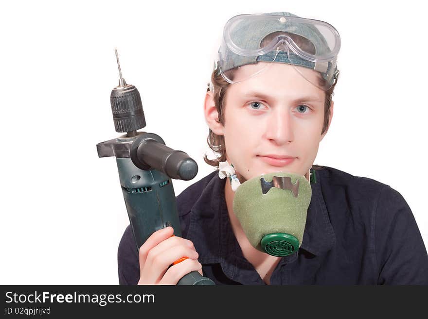 Worker with a drill isolated on a white background