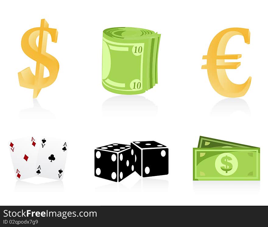 Icons of money and playing cards and cubes. A  illustration