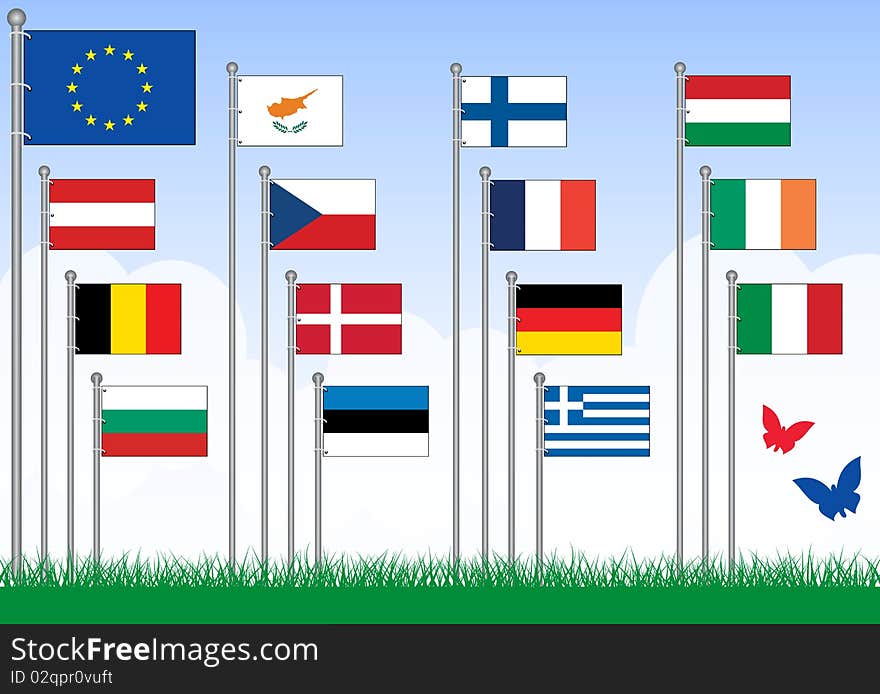 Vector set of 15 flags from the EU. All objects are grouped and tagged with the country name. This set belongs to set B with remaining EU flags. Vector set of 15 flags from the EU. All objects are grouped and tagged with the country name. This set belongs to set B with remaining EU flags.