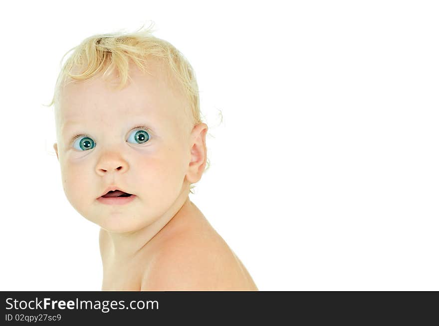 Tow-haired one year baby on white background. Tow-haired one year baby on white background