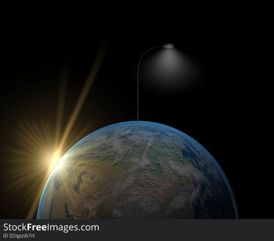 Earth and lamp from Earth which light surface and flare from sun. Earth and lamp from Earth which light surface and flare from sun