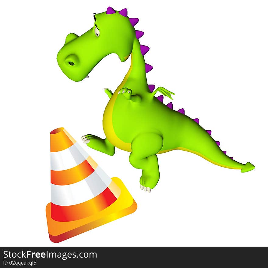 The dino (dragon baby) is jumping the  cone. The dino (dragon baby) is jumping the  cone