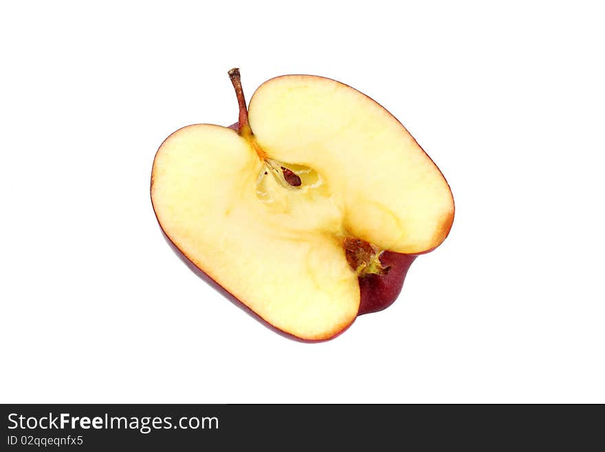 Close up of half red apple isolated on white background.